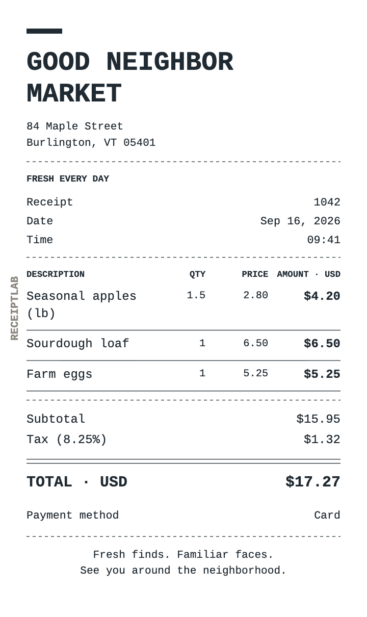 Grocery receipt template example with itemized purchases and calculated totals