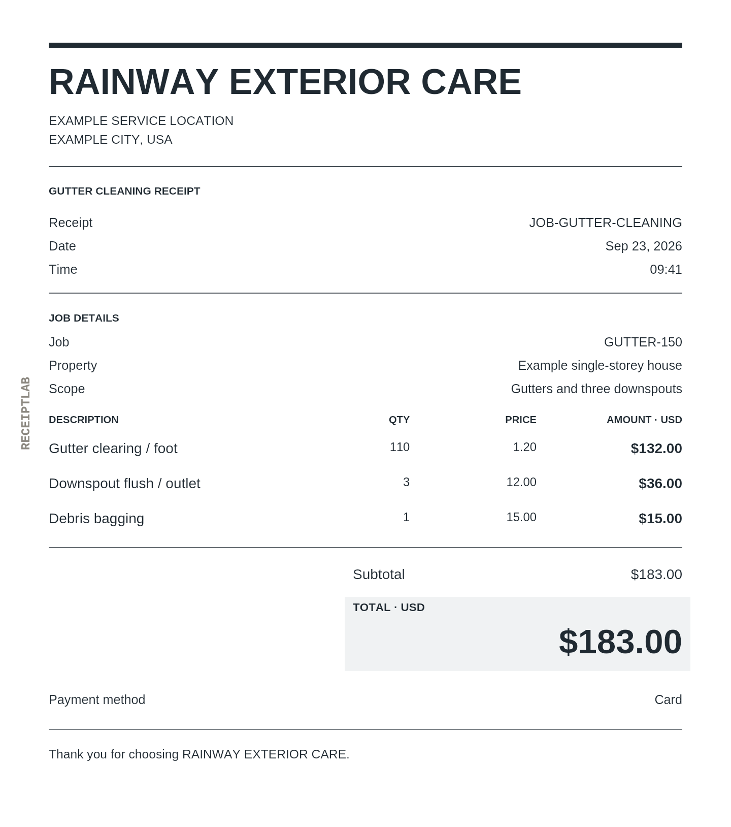 Gutter cleaning receipt template with itemized charges and calculated totals