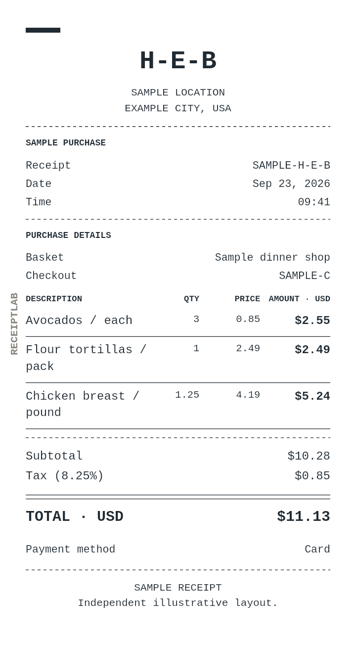 H-E-B receipt template with itemized charges and calculated totals