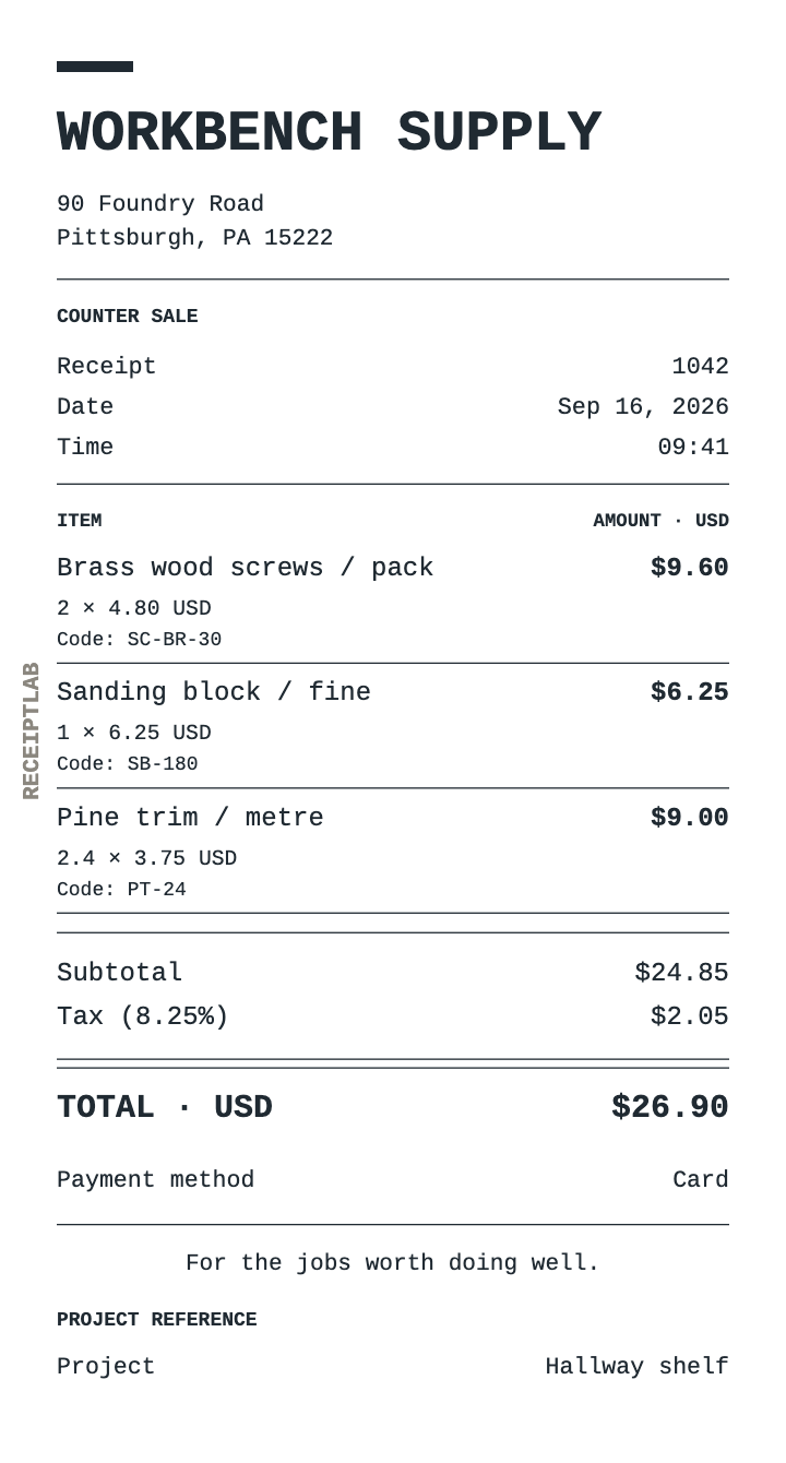 Hardware store receipt template example with itemized purchases and calculated totals