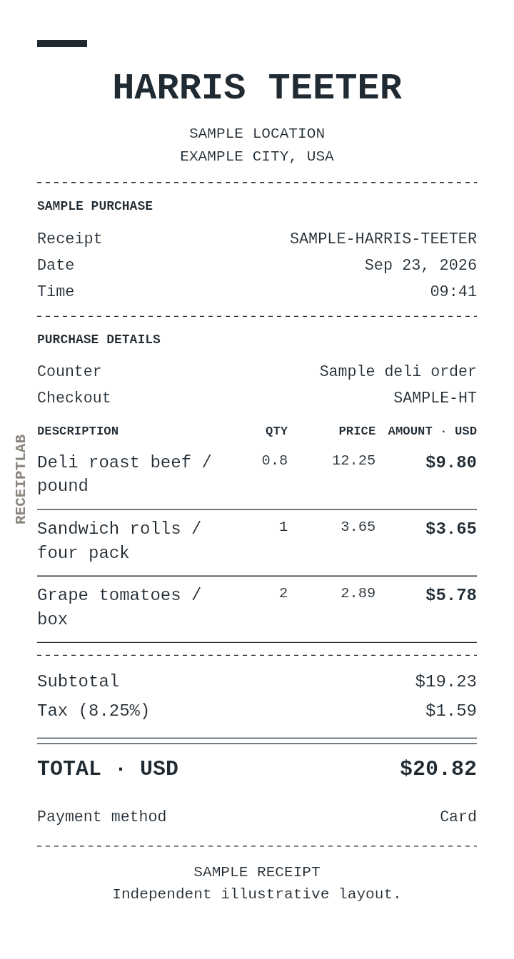 Harris Teeter receipt template — sample example with itemized purchases and calculated totals