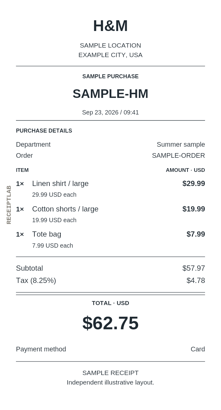 H&M receipt template — sample example with itemized purchases and calculated totals