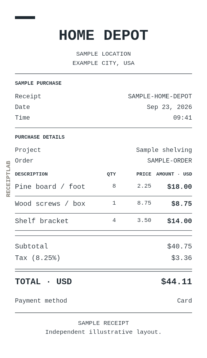 Home Depot receipt template — sample example with itemized purchases and calculated totals