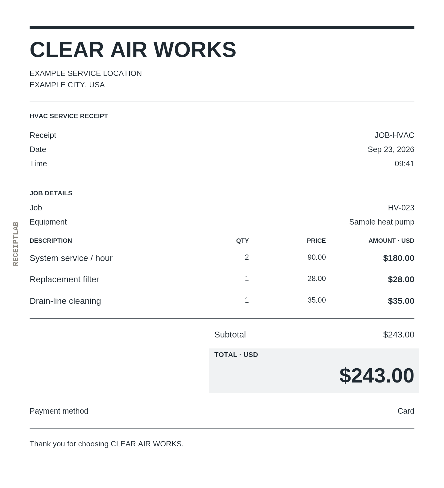 HVAC service receipt template example with itemized purchases and calculated totals