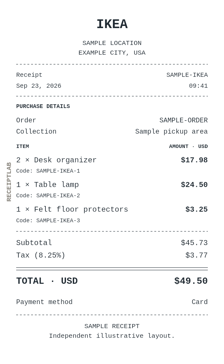 IKEA receipt template with itemized charges and calculated totals