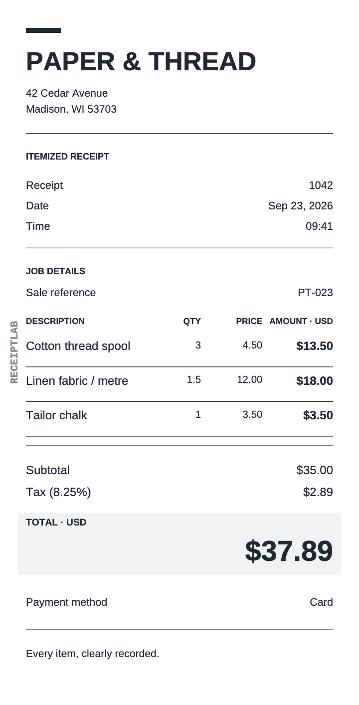 Itemized receipt template with itemized charges and calculated totals