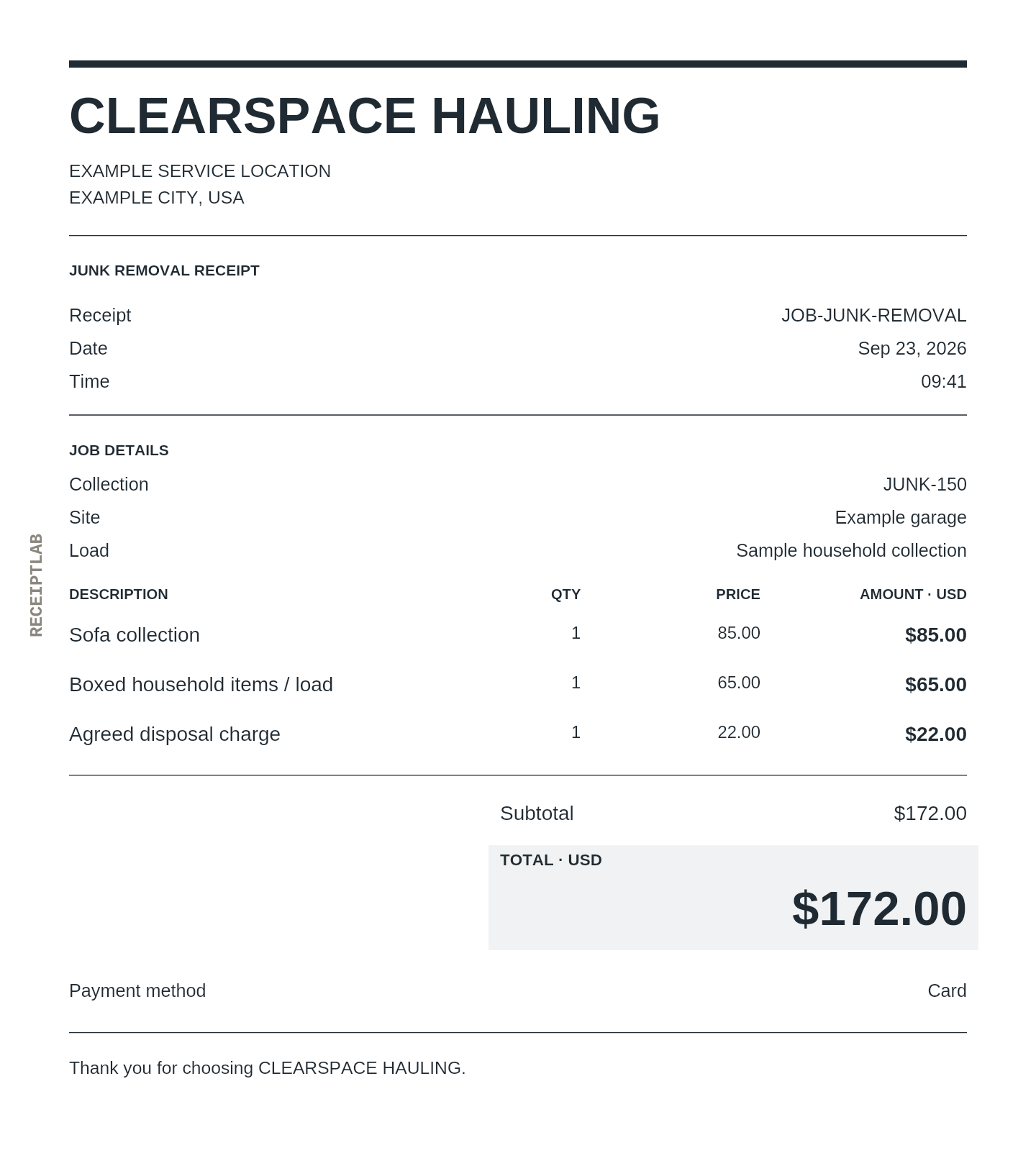 Junk removal receipt template example with itemized purchases and calculated totals