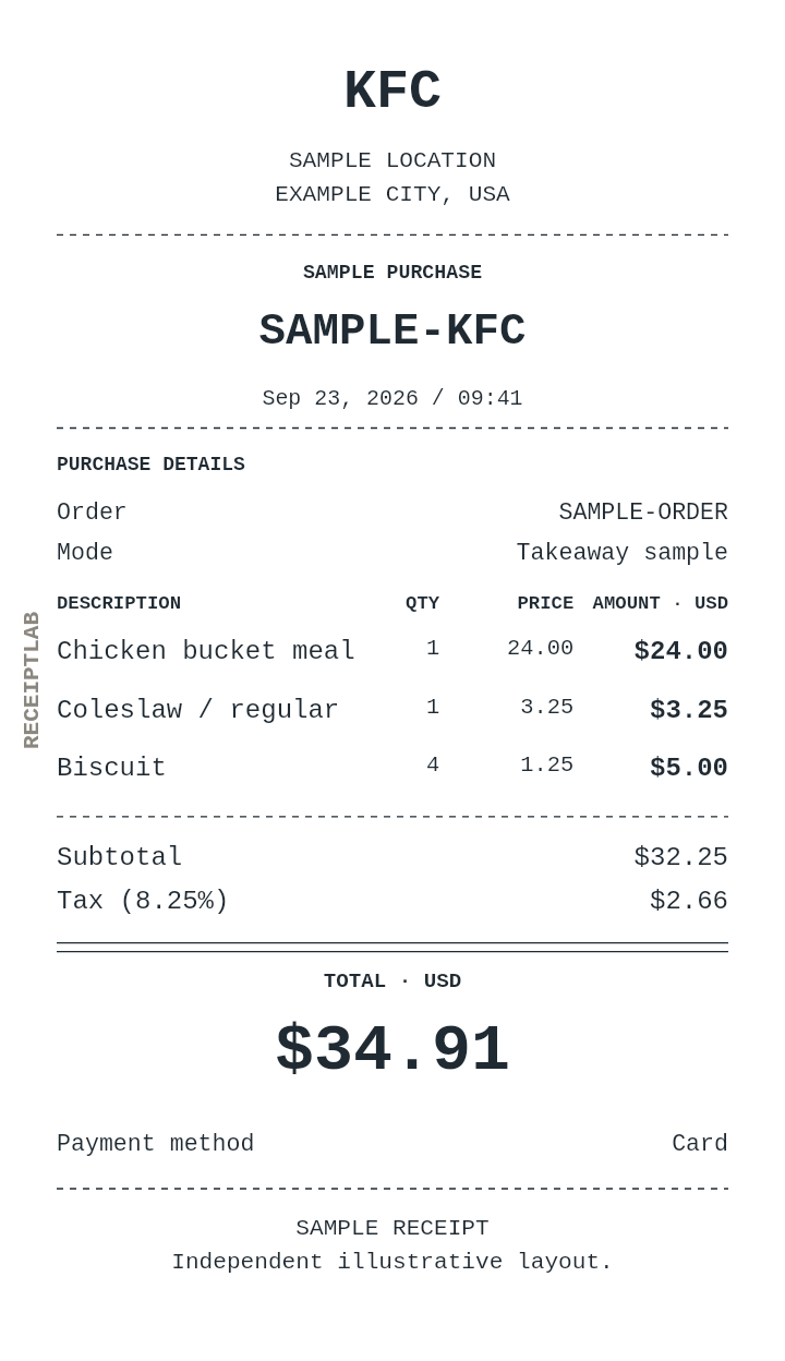 KFC receipt template with itemized charges and calculated totals