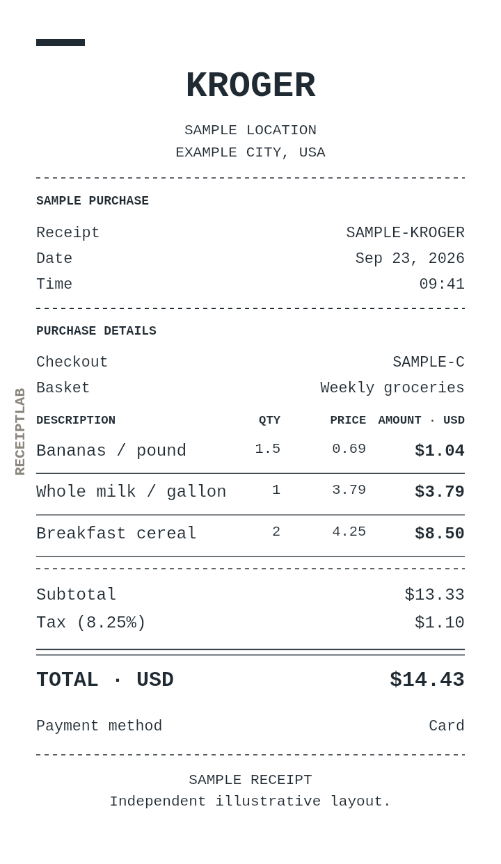 Kroger receipt template with itemized charges and calculated totals