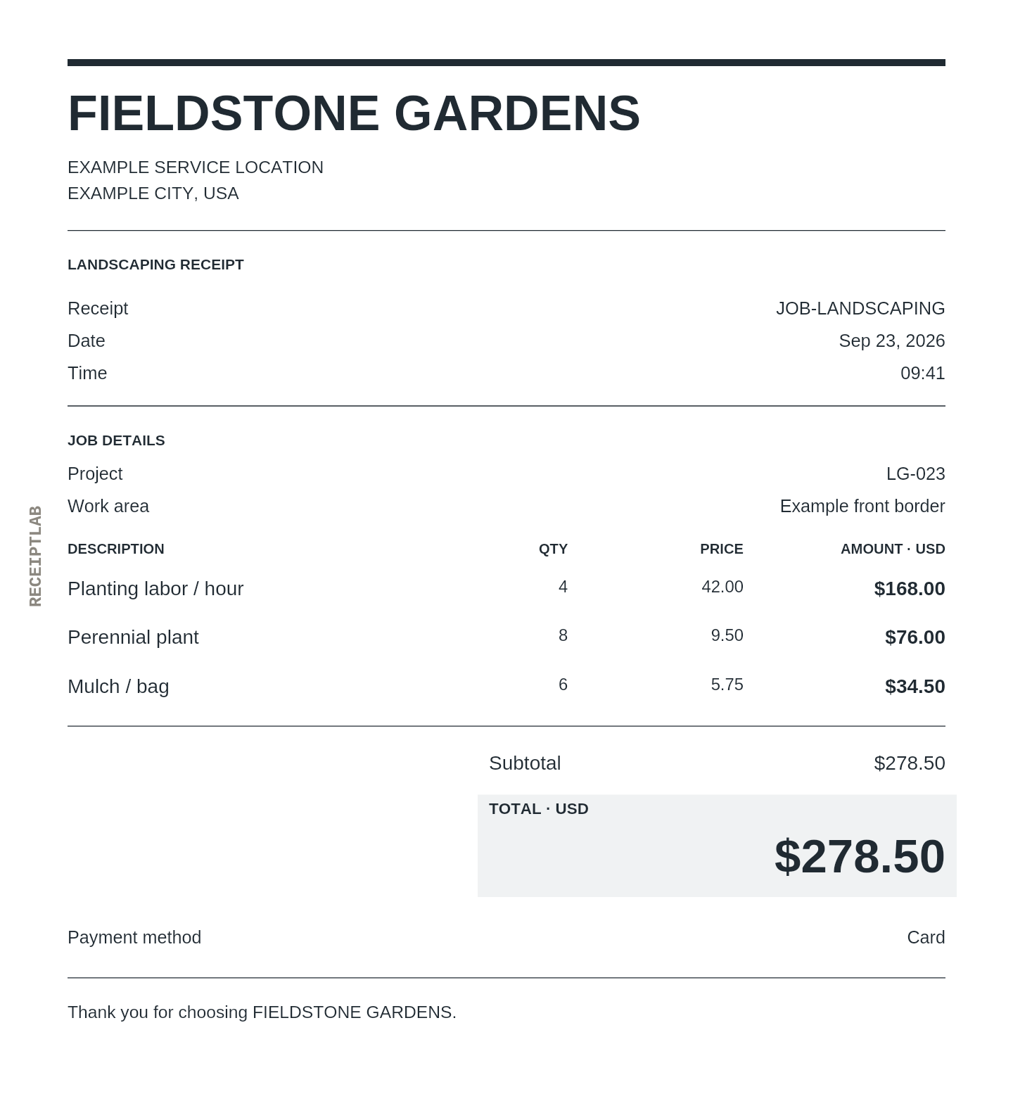 Landscaping receipt template example with itemized purchases and calculated totals