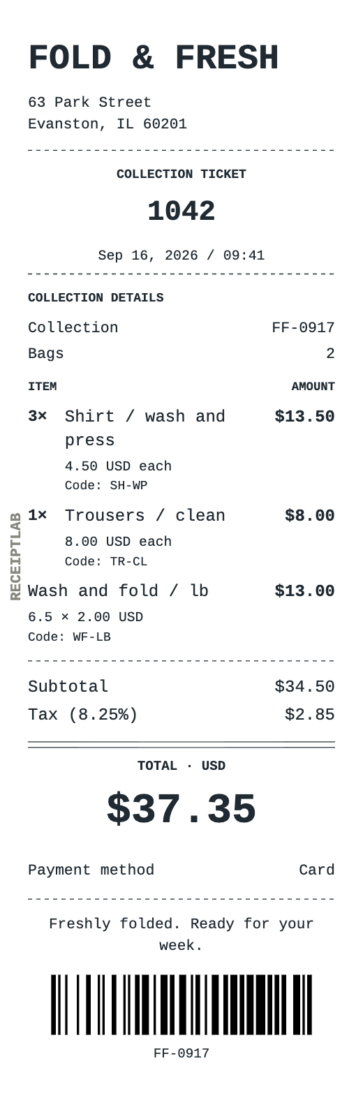 Laundry receipt template example with itemized purchases and calculated totals