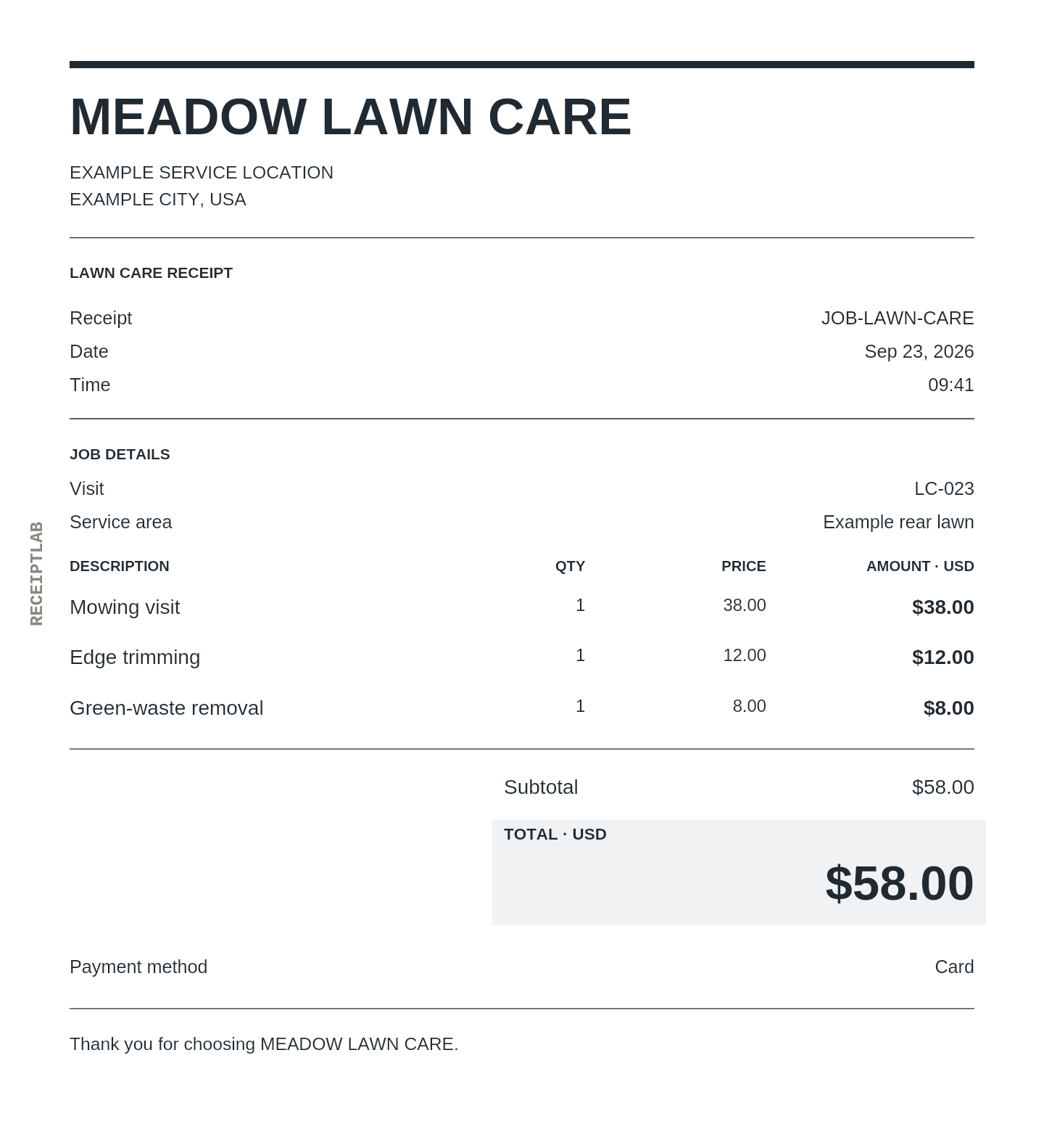 Lawn care receipt template example with itemized purchases and calculated totals