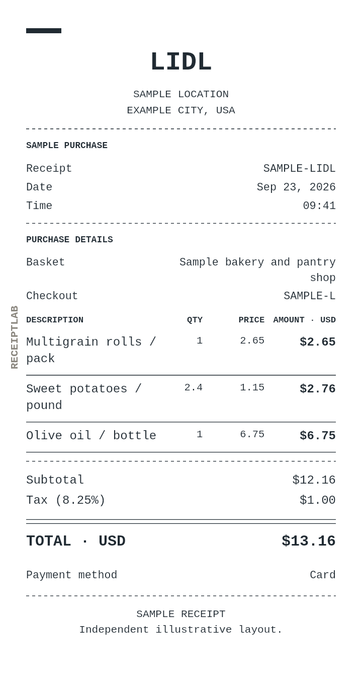 Lidl receipt template — sample example with itemized purchases and calculated totals