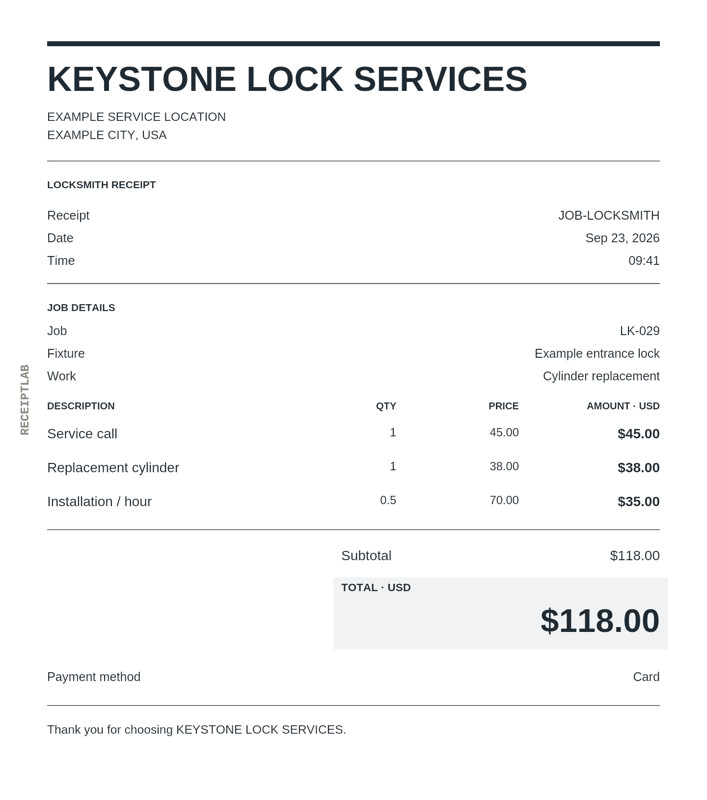 Locksmith receipt template with itemized charges and calculated totals