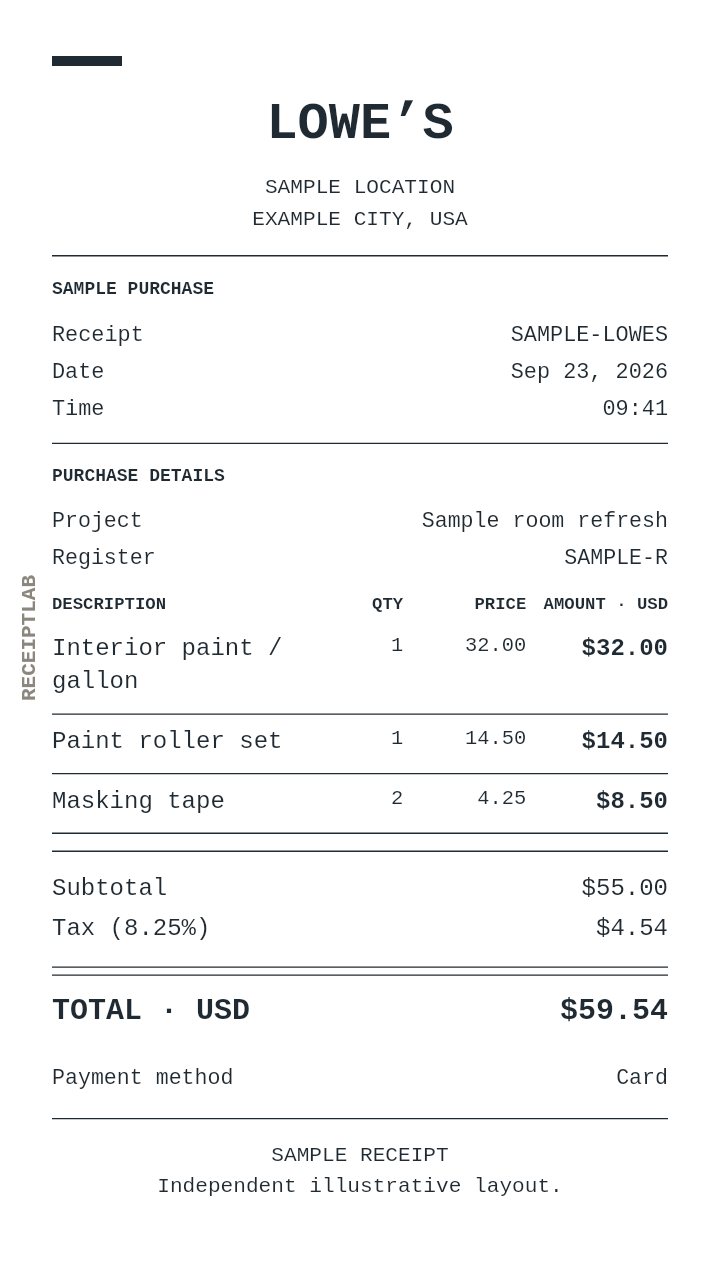 Lowe’s receipt template — sample example with itemized purchases and calculated totals