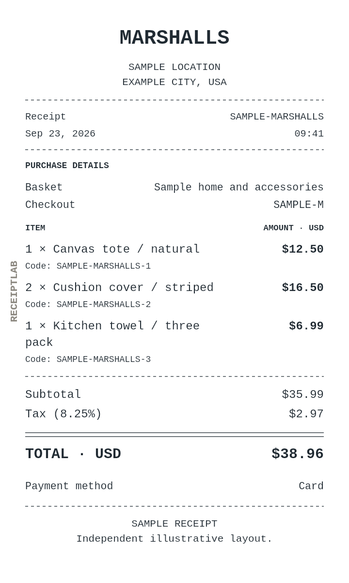 Marshalls receipt template — sample example with itemized purchases and calculated totals