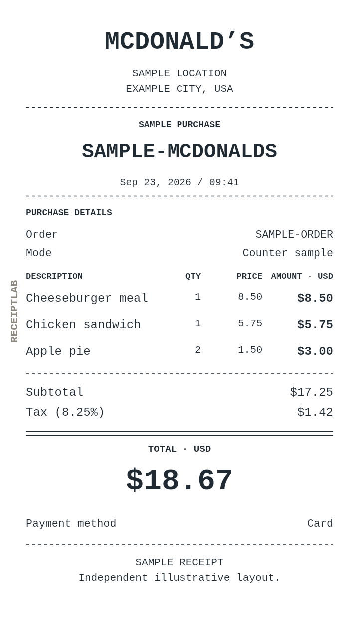 McDonald’s receipt template — sample example with itemized purchases and calculated totals