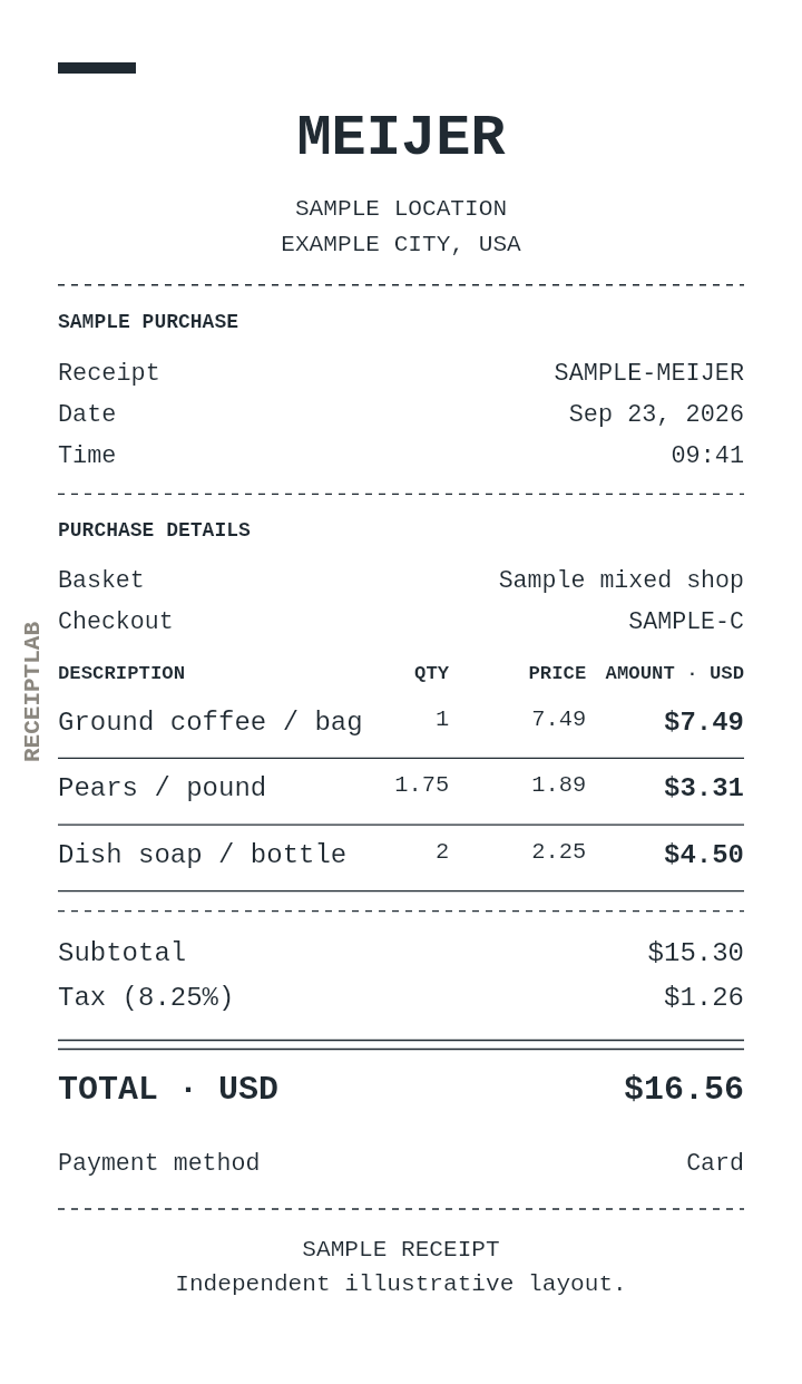 Meijer receipt template with itemized charges and calculated totals
