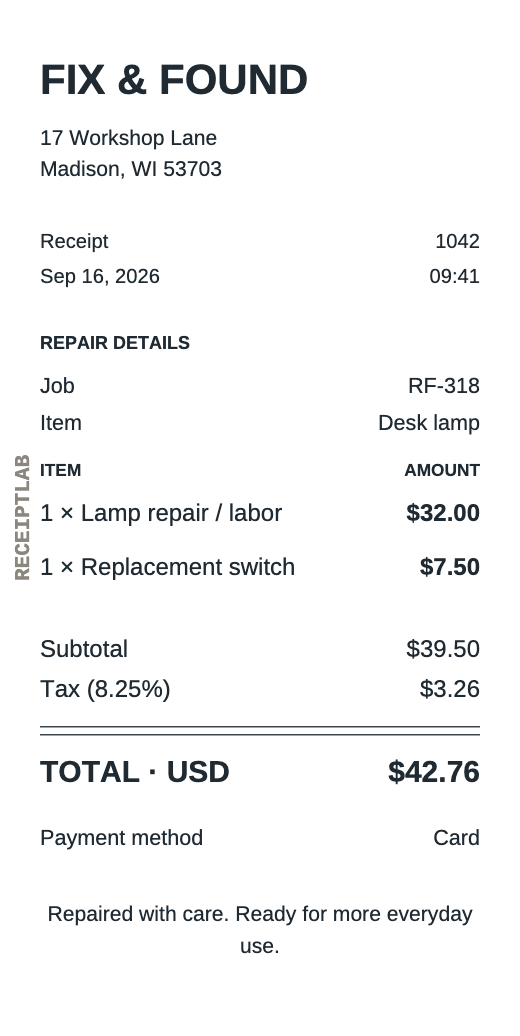 Repair receipt template example with itemized purchases and calculated totals