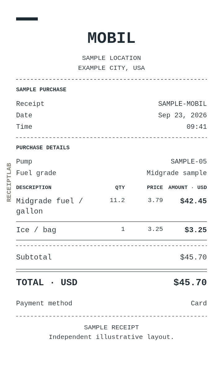 Mobil receipt template with itemized charges and calculated totals