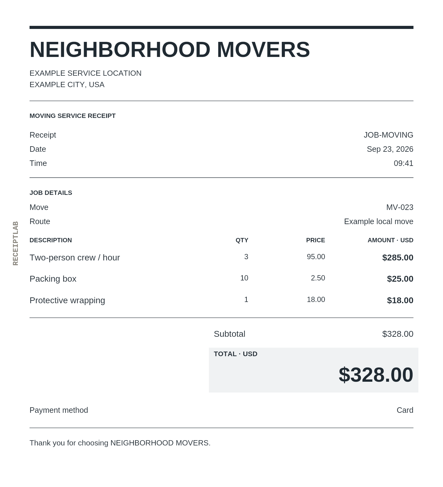 Moving service receipt template example with itemized purchases and calculated totals
