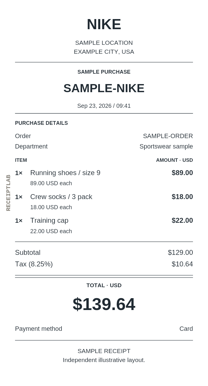 Nike receipt template — sample example with itemized purchases and calculated totals
