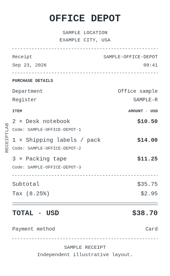 Office Depot receipt template — sample example with itemized purchases and calculated totals