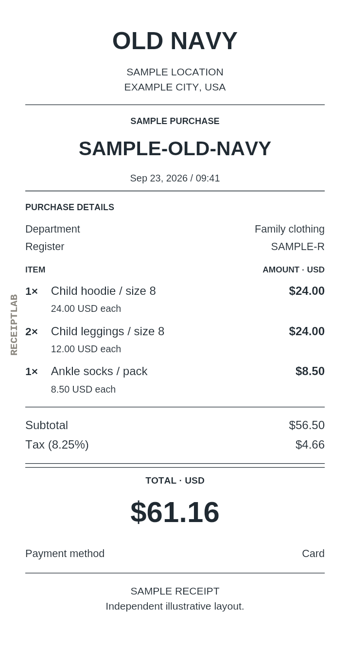 Old Navy receipt template — sample example with itemized purchases and calculated totals