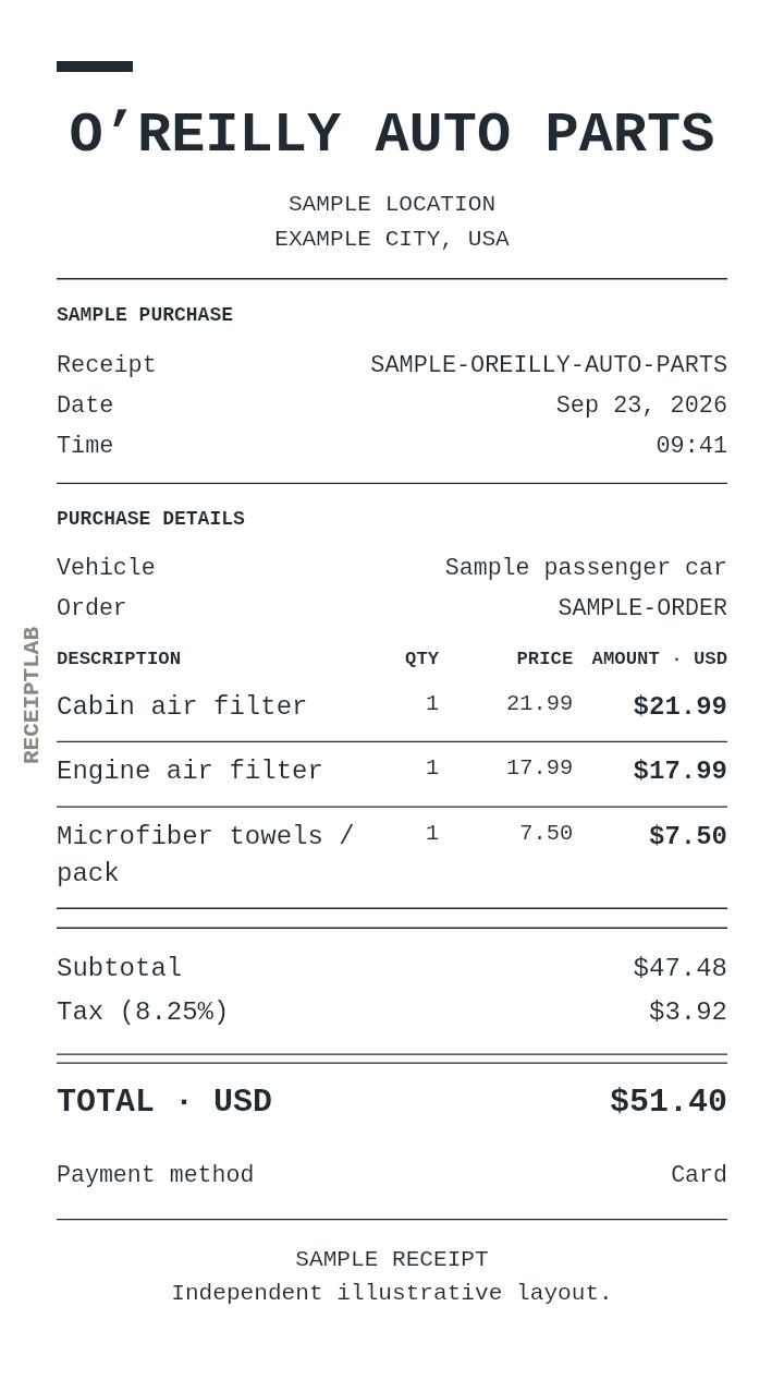 O’Reilly Auto Parts receipt template — sample example with itemized purchases and calculated totals