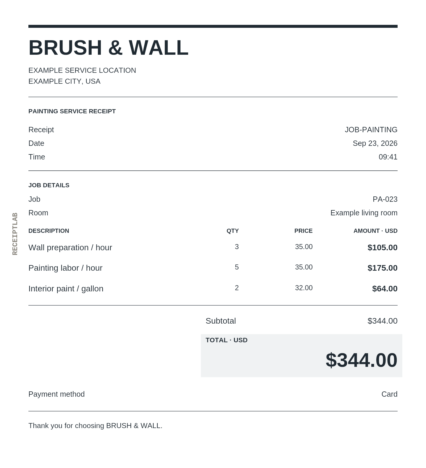 Painting service receipt template with itemized charges and calculated totals