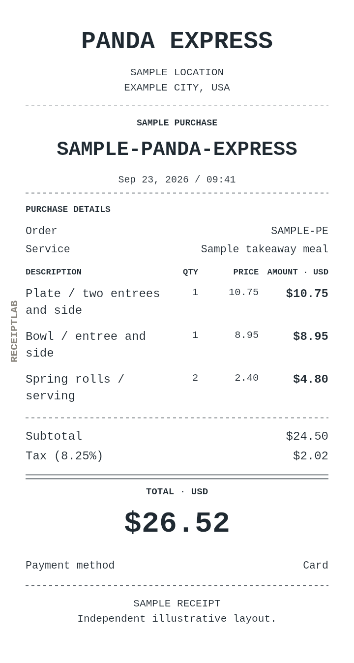 Panda Express receipt template with itemized charges and calculated totals