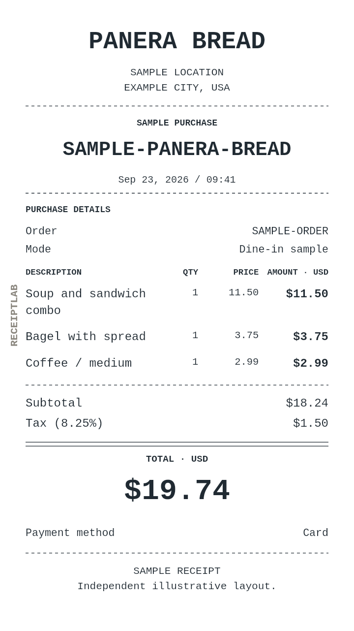 Panera Bread receipt template with itemized charges and calculated totals
