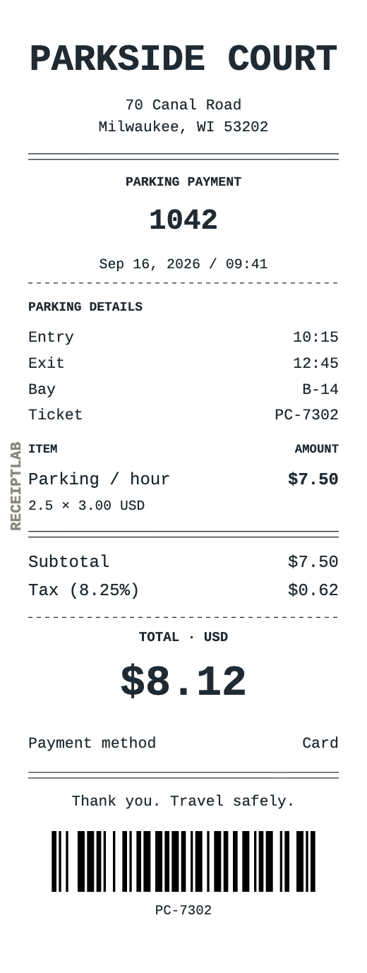 Parking receipt template example with itemized purchases and calculated totals
