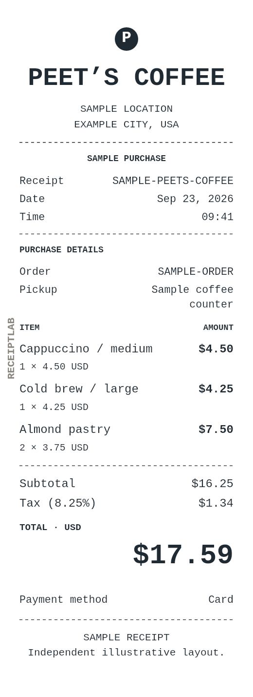 Peet’s Coffee receipt template with itemized charges and calculated totals