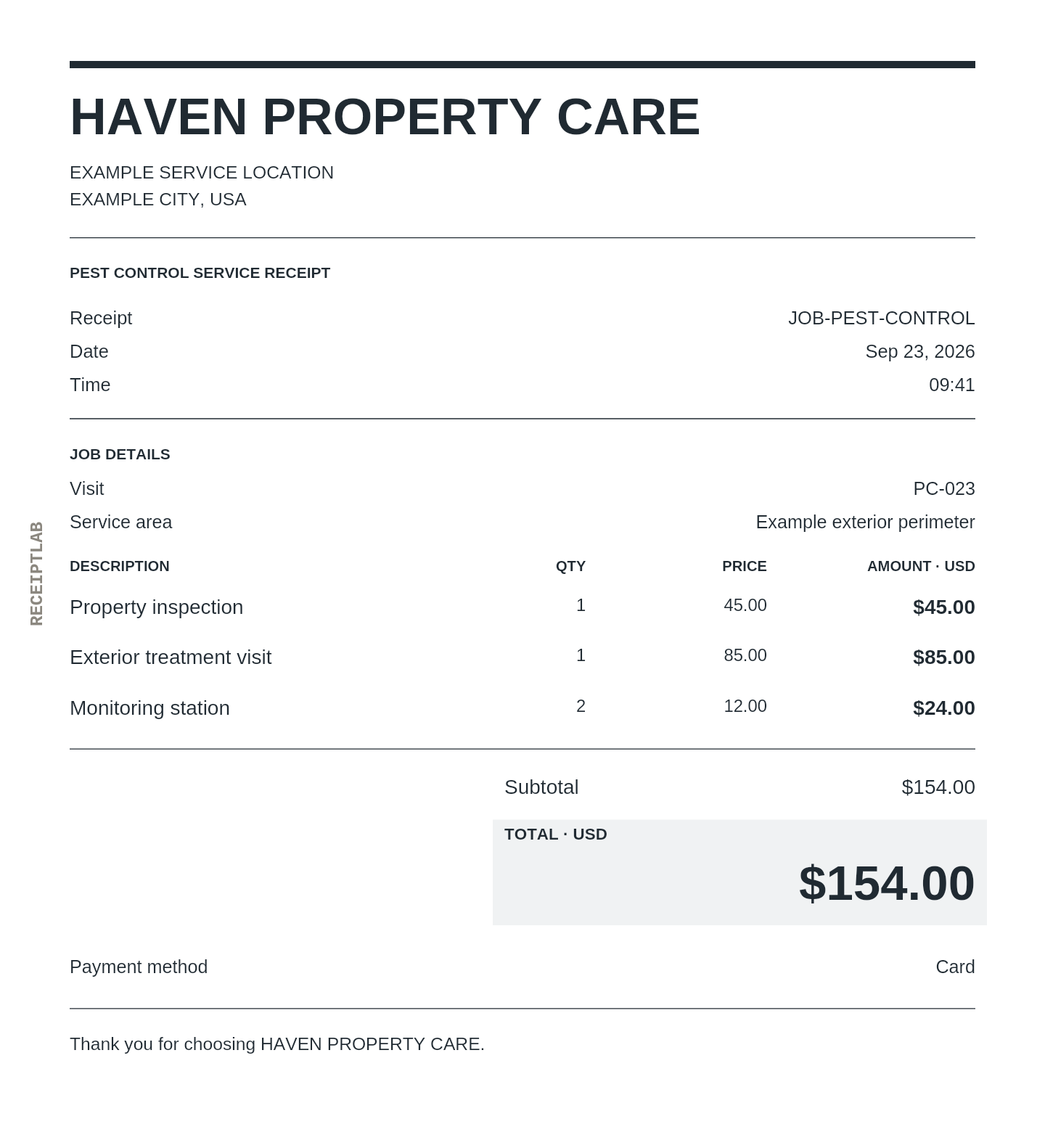 Pest control service receipt template example with itemized purchases and calculated totals