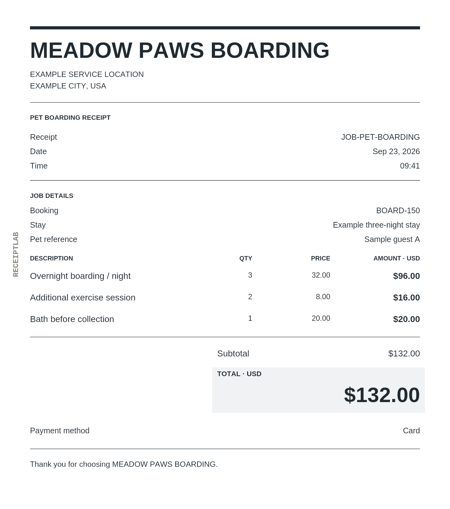 Pet boarding receipt template with itemized charges and calculated totals
