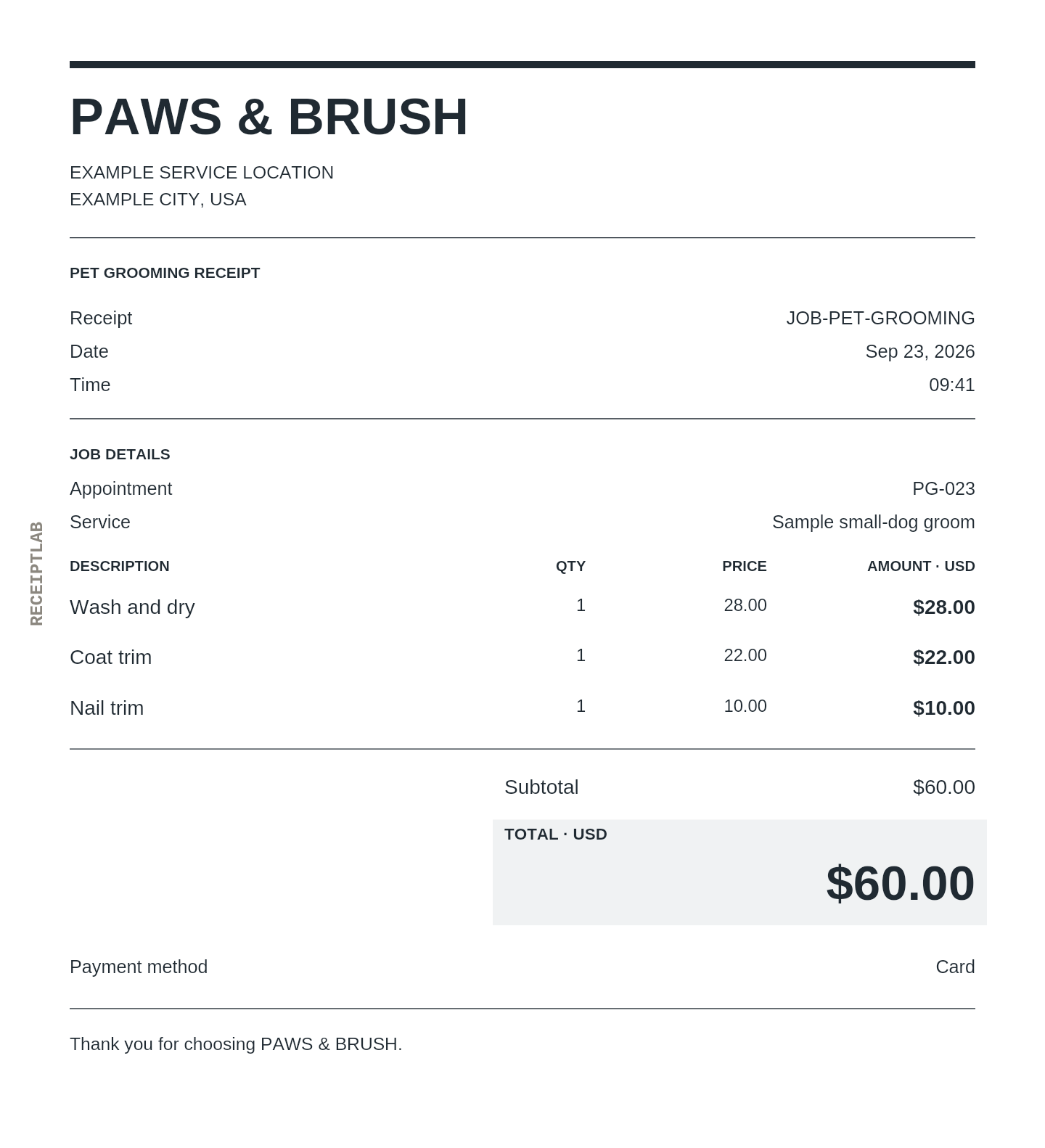 Pet grooming receipt template with itemized charges and calculated totals