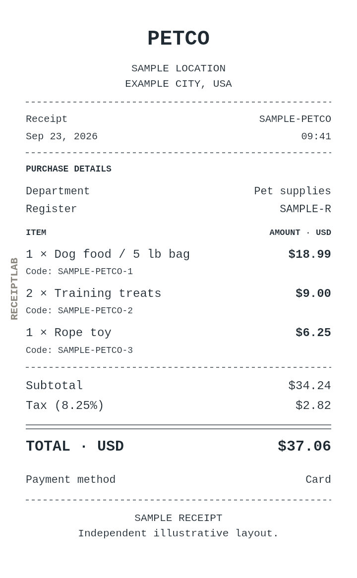 Petco receipt template with itemized charges and calculated totals