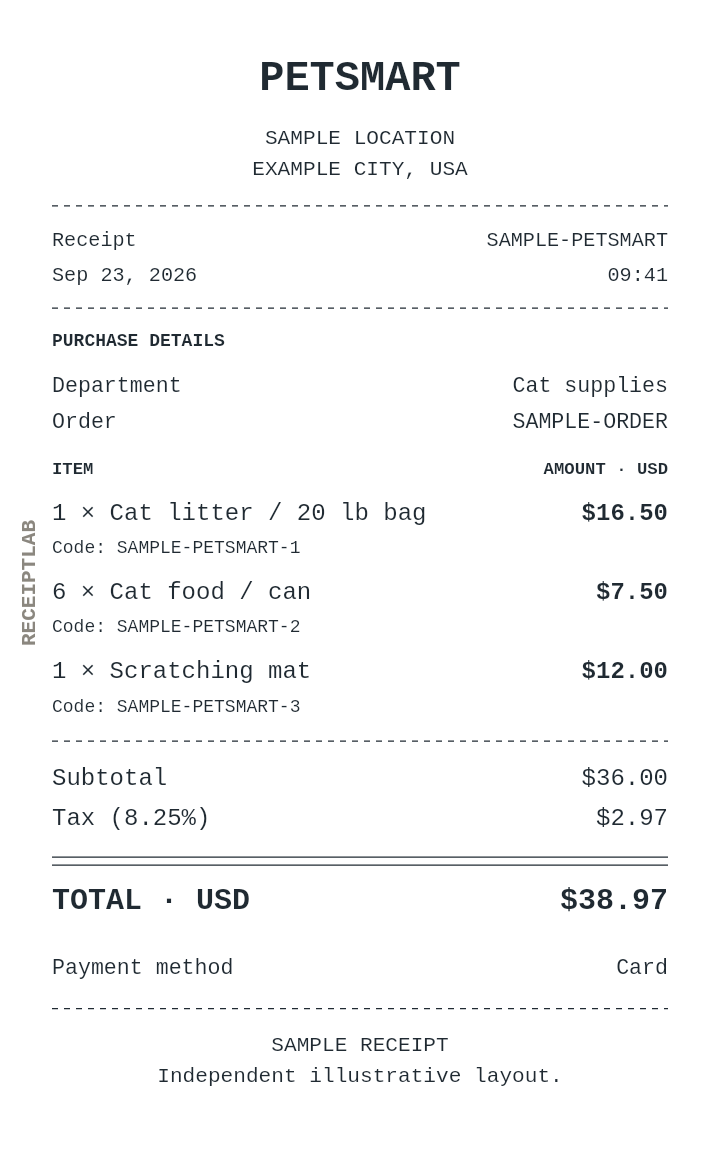 PetSmart receipt template — sample example with itemized purchases and calculated totals