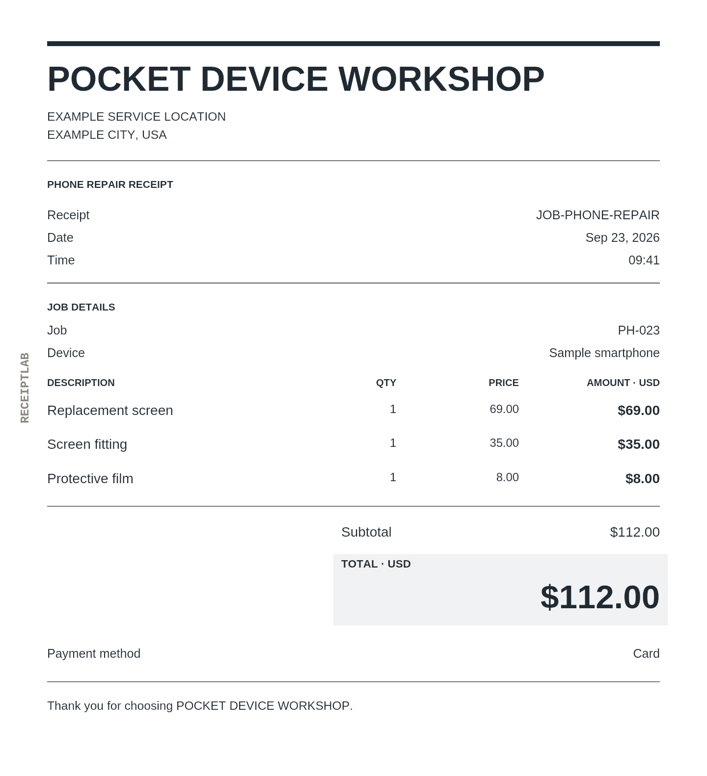 Phone repair receipt template example with itemized purchases and calculated totals