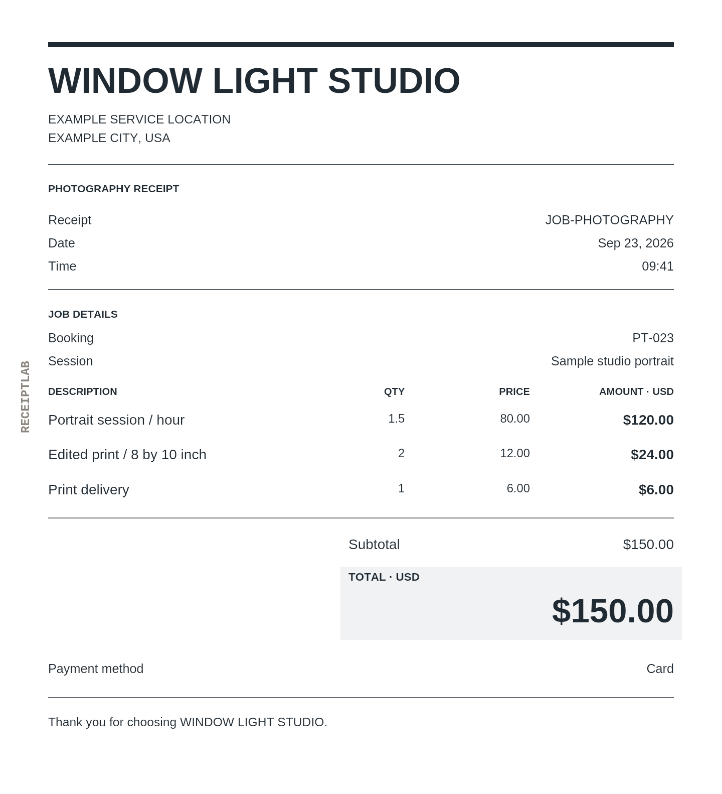 Photography receipt template with itemized charges and calculated totals