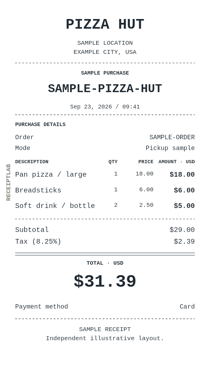 Pizza Hut receipt template — sample example with itemized purchases and calculated totals