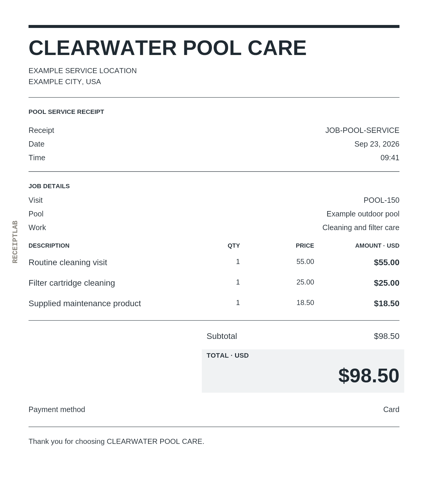 Pool service receipt template example with itemized purchases and calculated totals