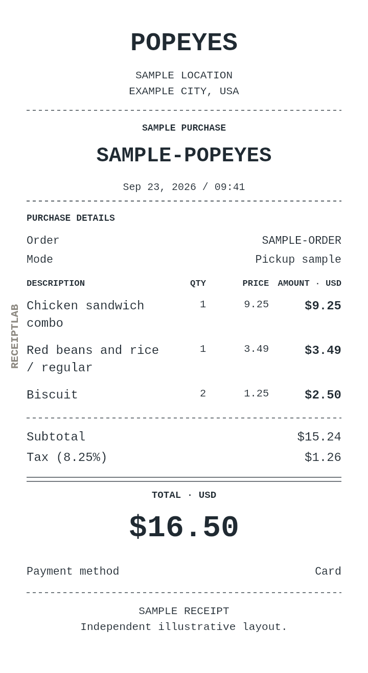 Popeyes receipt template with itemized charges and calculated totals