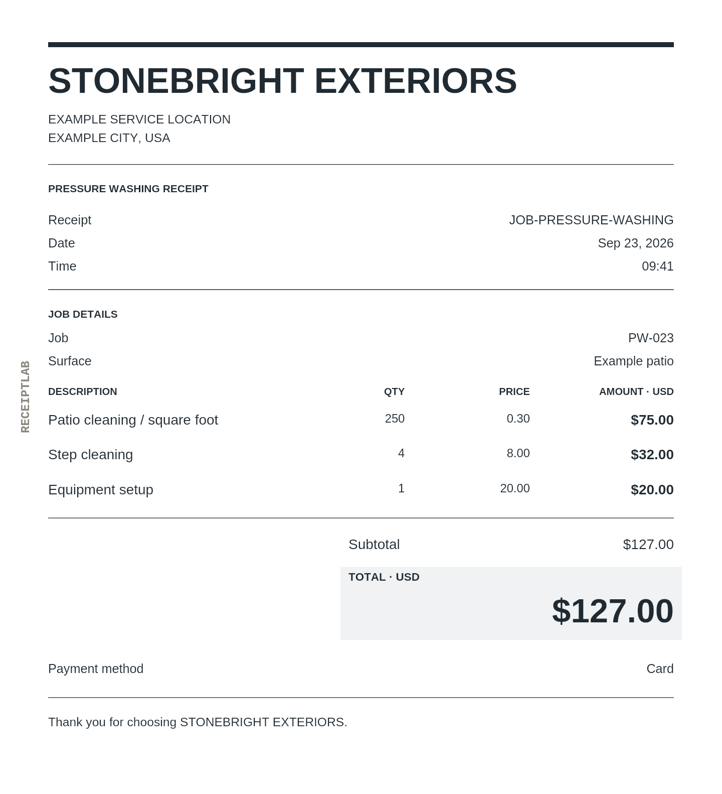 Pressure washing receipt template example with itemized purchases and calculated totals
