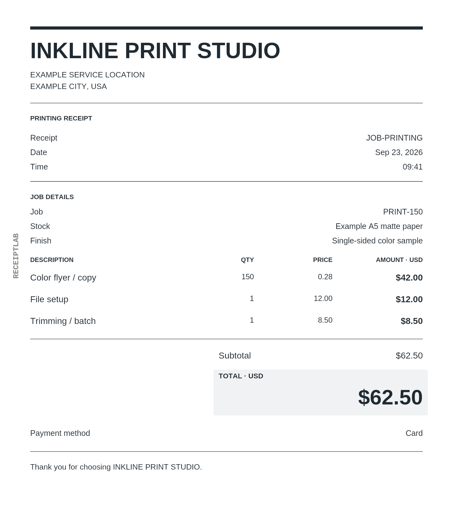 Printing receipt template with itemized charges and calculated totals