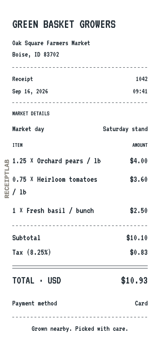 Produce receipt template example with itemized purchases and calculated totals