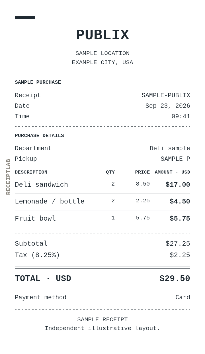 Publix receipt template — sample example with itemized purchases and calculated totals