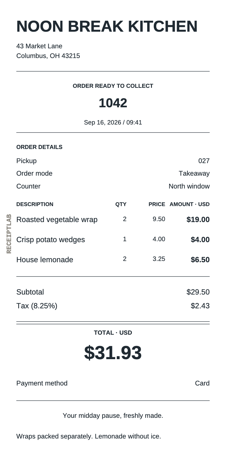 Quick-service receipt template example with itemized purchases and calculated totals