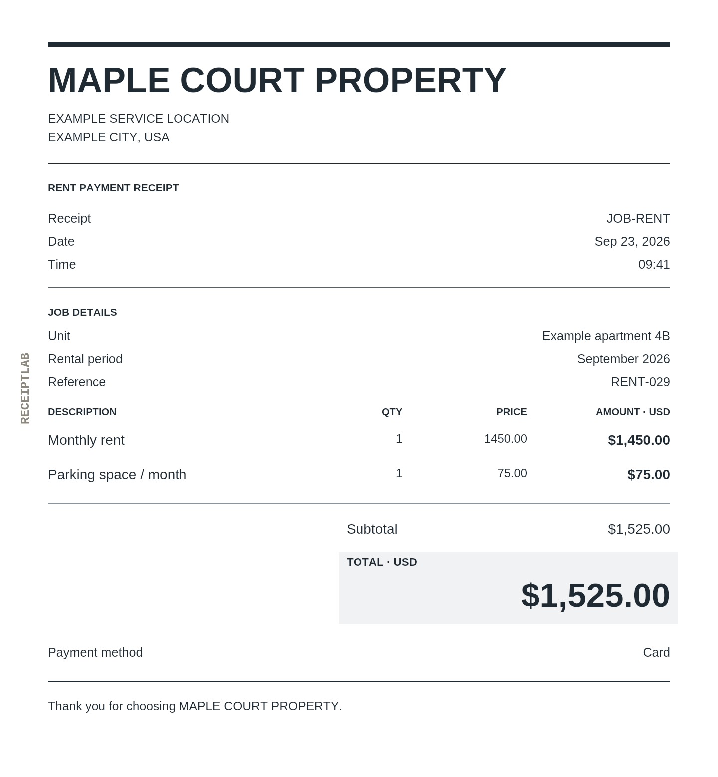 Rent payment receipt template example with itemized purchases and calculated totals